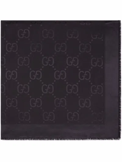 Gucci Gg Jacquard Fringed Scarf For Men In Black
