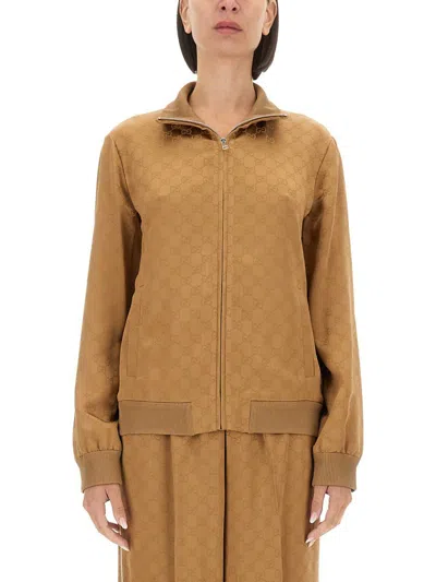 Gucci Gg Jacquard Zipped Jacket In Brown