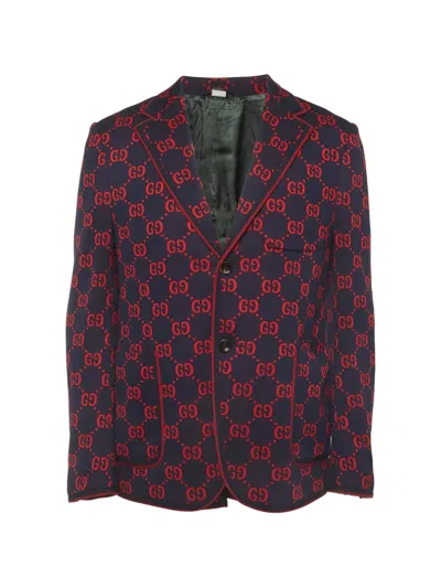 Pre-owned Gucci Gg Jacquard Knit Blazer In Blue