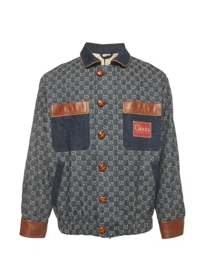 Pre-owned Gucci Gg Jacquard Leather-trim Bomber Jacket In Blue