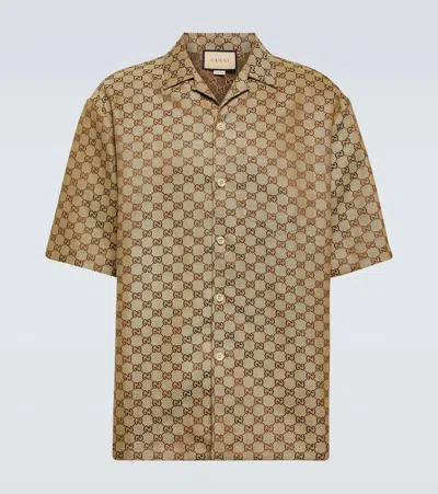 Gucci Short Sleeve Silk Nylon Straight Hem Shirt In Brown