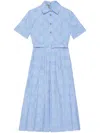 Gucci Belted Pleated Cotton Oxford-jacquard Midi Dress In Blue