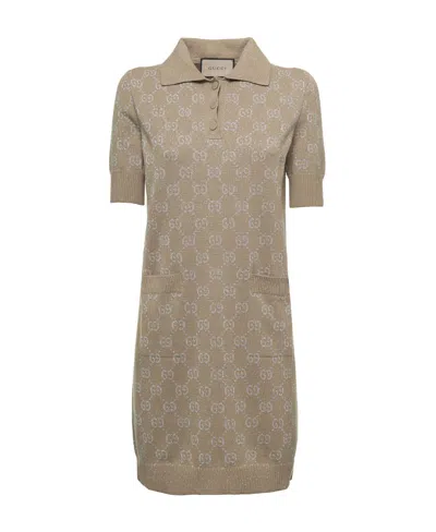 Gucci Gg-jacquard Polo Dress In Gold