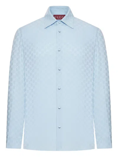 Gucci Men Gg Jacquard Silk Shirt In Blue