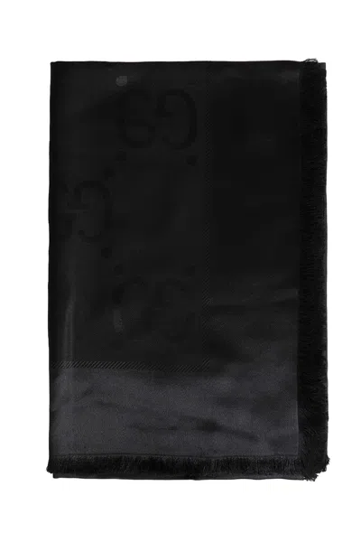 Gucci Gg Jacquard Silk Wool Shawl In Black