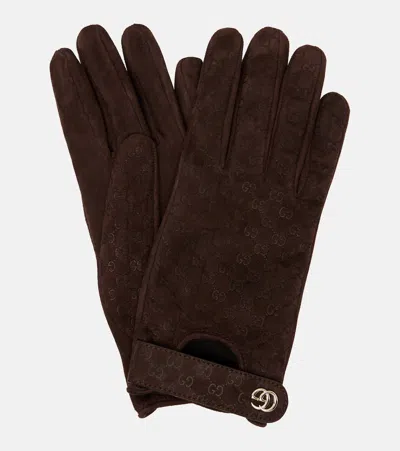 Gucci Gg Jacquard Suede Gloves In Brown