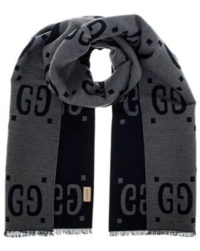 Pre-owned Gucci Gg Jacquard Wool & Silk-blend Scarf Men's Grey Os In Gray