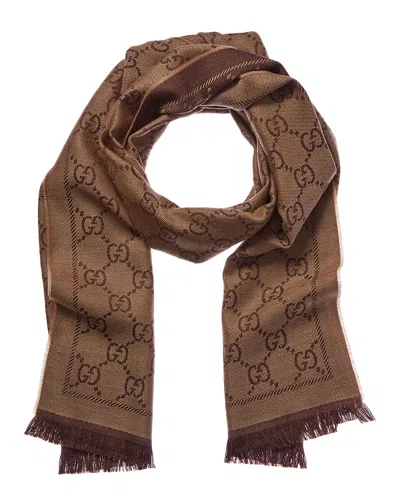 Gucci Gg Jacquard Wool Scarf In Brown