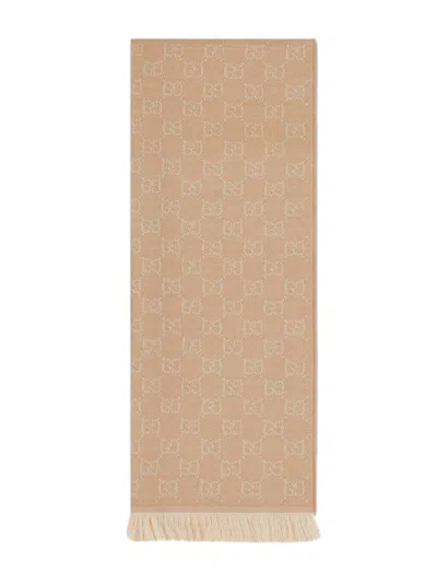 Gucci Gg Jacquard Wool Scarf With Fringed Trim In Brown