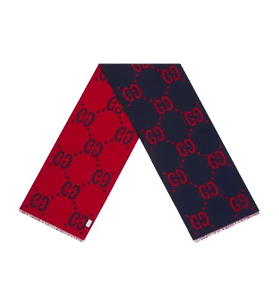 Pre-owned Gucci Gg Jacquard Wool Silk Scarf In Blue