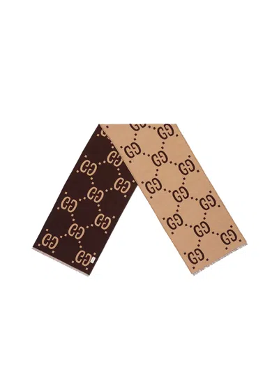 Gucci Gg Jacquard Wool Silk Scarf In Brown