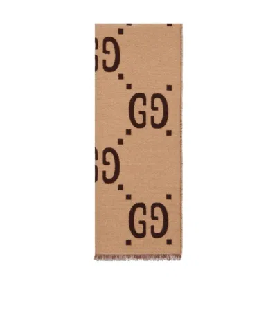 Gucci Gg Jacquard Wool Silk Scarf In Brown