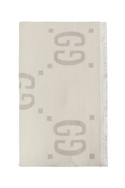 Gucci Gg Jacquard Wool Silk Scarf In Neutral