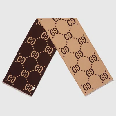 Gucci Gg Jacquard Wool Silk Scarf W 35cm X L 190cm In Beige