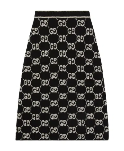Gucci Gg Jacquard Wool Skirt In Black