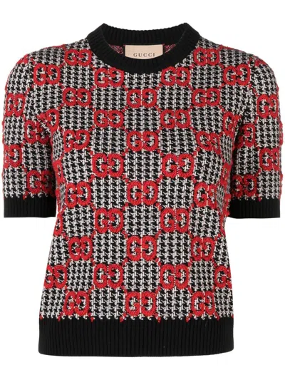 Gucci Gg-jacquard Short-sleeved Wool Sweater In Black