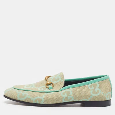 Pre-owned Gucci Gg Jordaan Size 37 Green Canvas Horsebit Loafers