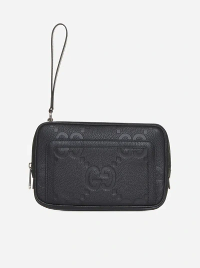 Gucci Gg Jumbo Leather Pouch In Black