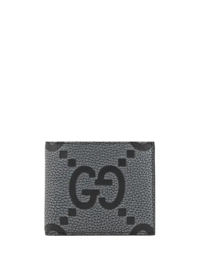Gucci Mini Jumbo Gg Black Leather Wallet In Gray