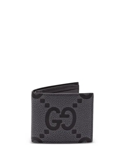 Gucci Mini Jumbo Gg Black Leather Wallet In Gray