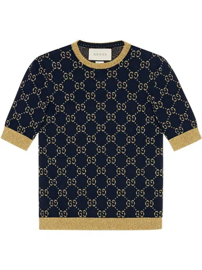 Gucci Gg Supreme Cotton & Lurex Knit Sweater In Blue,gold