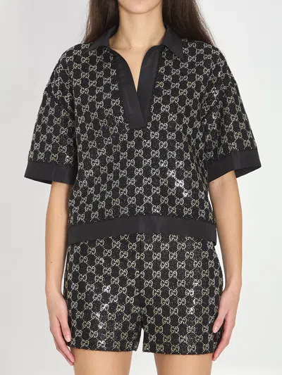 Gucci Gg Lamé Polo Shirt In Black