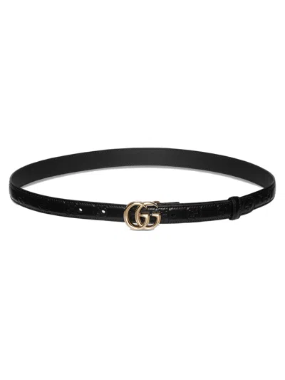 Gucci Gg Leather Belt With Double G Buckle And Light Gold-tone Hardware In Black