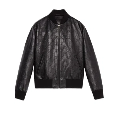 Gucci Black Gg Debossed Leather Jacket