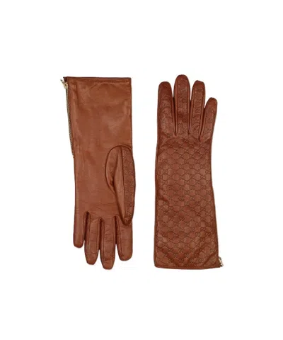 Gucci Gg Leather Gloves In Brown