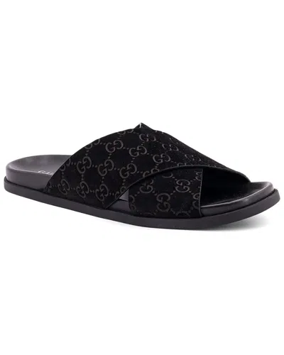 Gucci Men Leather Slides With All-over Gg Motif In Black