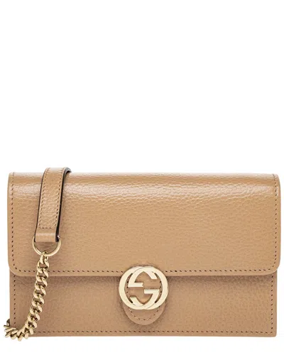 Gucci Gg Leather Wallet On Chain In Brown