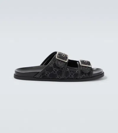 Gucci Gg Leather-trimmed Canvas Slides In Black
