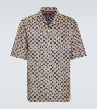 Gucci Gg Linen-blend Canvas Bowling Shirt In Oatmilk/blue