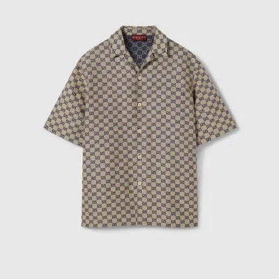 Gucci Gg Linen Blend Canvas Shirt In Beige