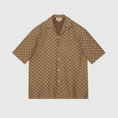 Gucci Gg Linen Blend Canvas Shirt In Brown