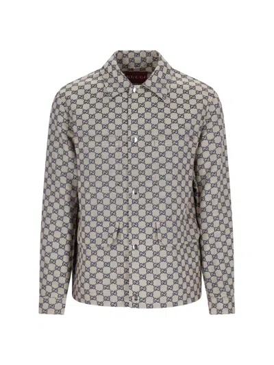 Gucci Oversized Padded Flannel Shirt With Multiple Pockets In Beige