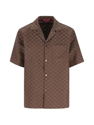 Gucci Gg Linen Blend Shirt Chest Pocket In Brown