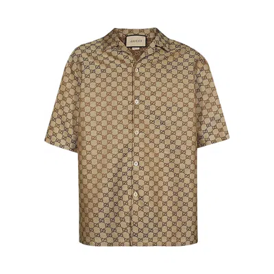 Pre-owned Gucci Gg Linen Shirt 'camel/ebony' | Brown | Men's Size 46