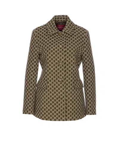 Gucci Monogram Patterned Cotton Blend Jacket In Green