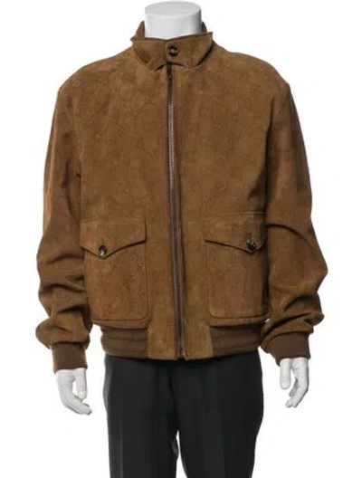 Pre-owned Gucci Gg Logo Calfskin Bomber Jacket In Brown