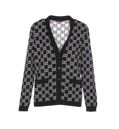 Gucci Black Reversible Cardigan With V Neck In Gg Canvas Woman