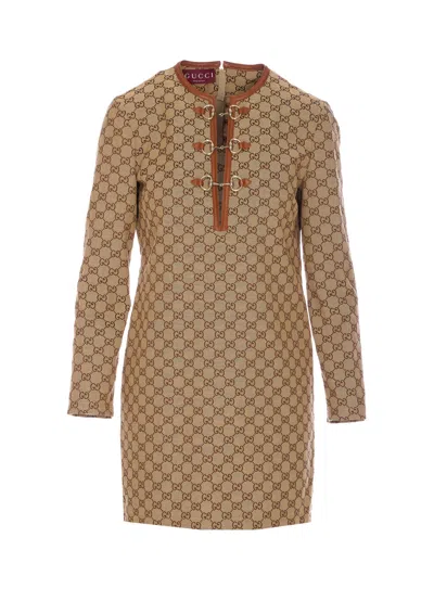 Gucci Cotton Blend Dress With All-over Gg Print In Brown