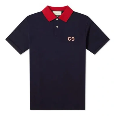 Gucci Gg Logo Embroidered Contrasting Colors Short Sleeve Polo Shirt Navy Blue