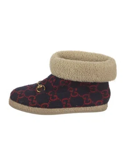Pre-owned Gucci Gg Logo Fur Trim Boots In Blue