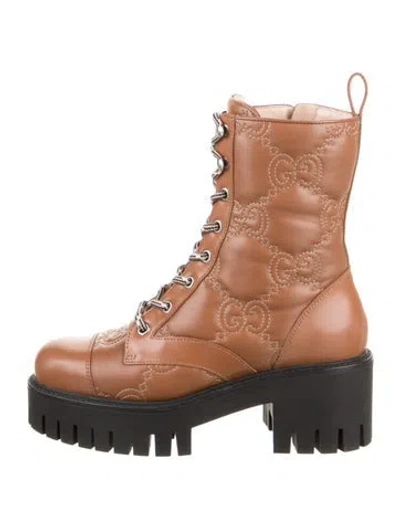 Pre-owned Gucci Gg Logo Leather Combat Boots In Brown