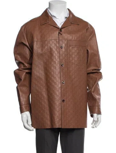 Pre-owned Gucci Gg Logo Leather Jacket W/ Tags In Brown