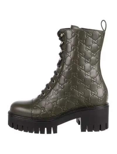 Pre-owned Gucci Gg Logo Leather Lace-up Boots W/ Tags In Green