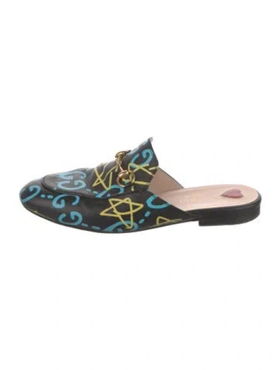Pre-owned Gucci Gg Logo Leather Mules In Black