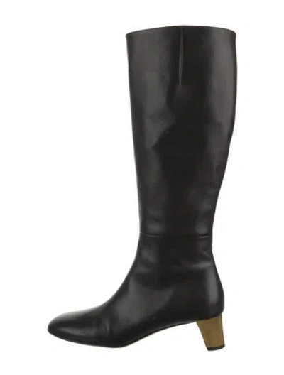 Pre-owned Gucci Gg Logo Leather Riding Boots In Black