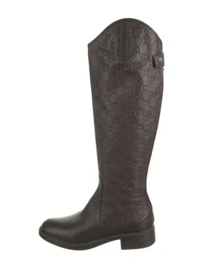 Pre-owned Gucci Gg Logo Leather Riding Boots In Brown
